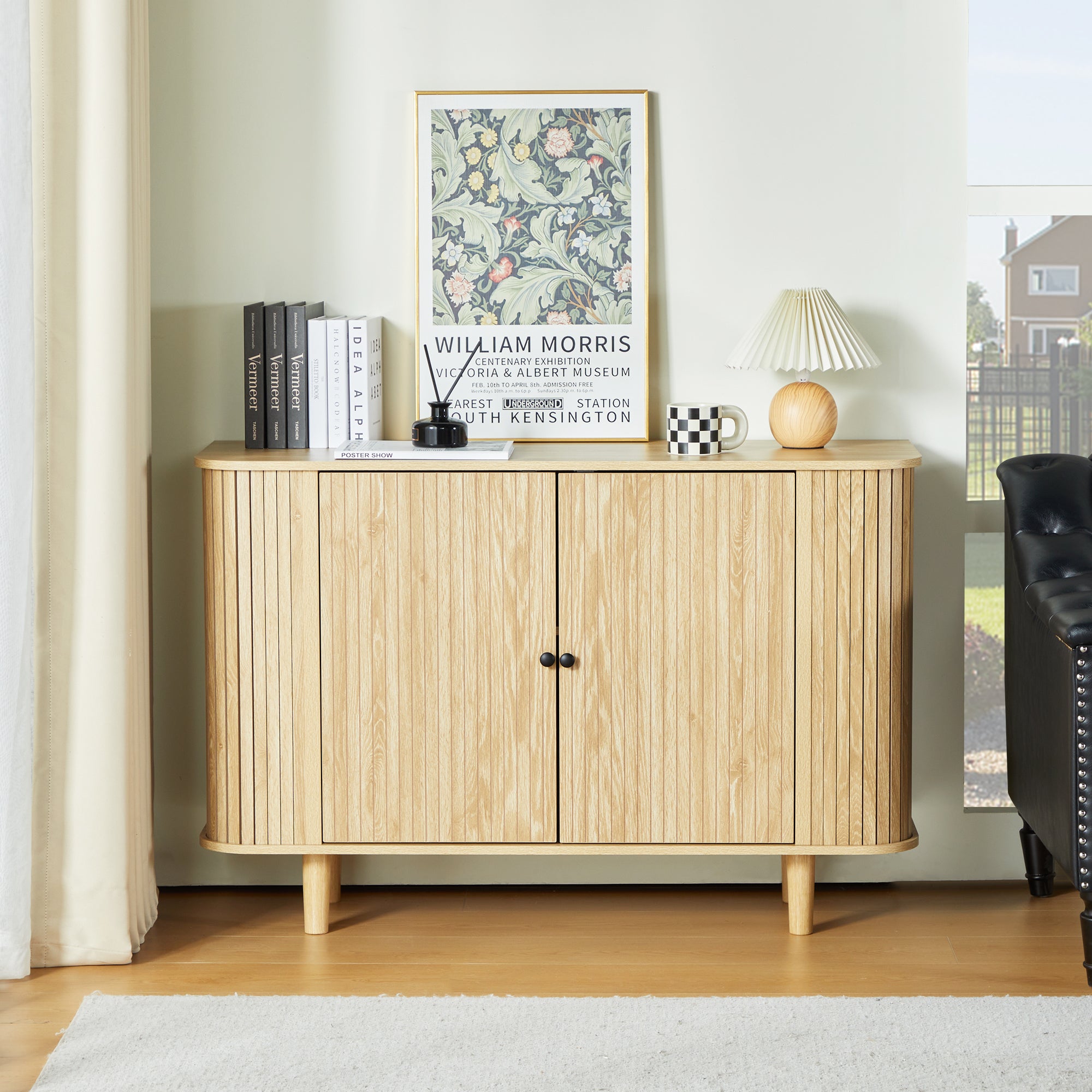 Wirrytor Buffet Storage Cabinet, Sideboard Cabinet with 2 Doors and Adjustable Shelve, Credenza Cabinet with Stripping Decorated Design for Living Room, Dining Room, Bedroom