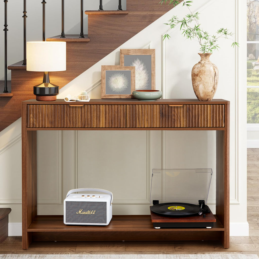 Wirrytor Narrow Console Table with Drawers and Storage Shelf, Modern Sofa Table for Living Room Entryway, Space-Saving Hallway Table Behind Couch with Solid Wood Legs