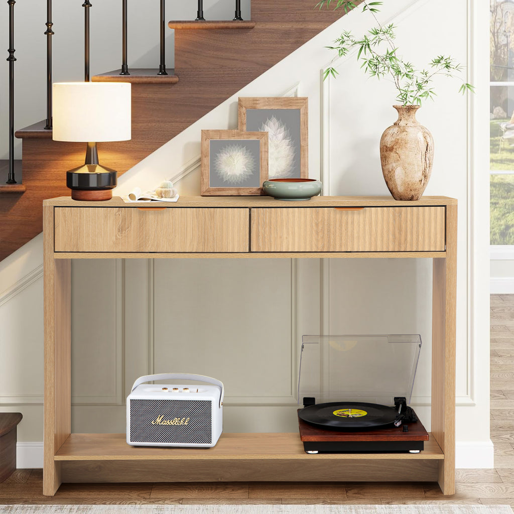 Wirrytor Narrow Console Table with Drawers and Storage Shelf, Modern Sofa Table for Living Room Entryway, Space-Saving Hallway Table Behind Couch with Solid Wood Legs