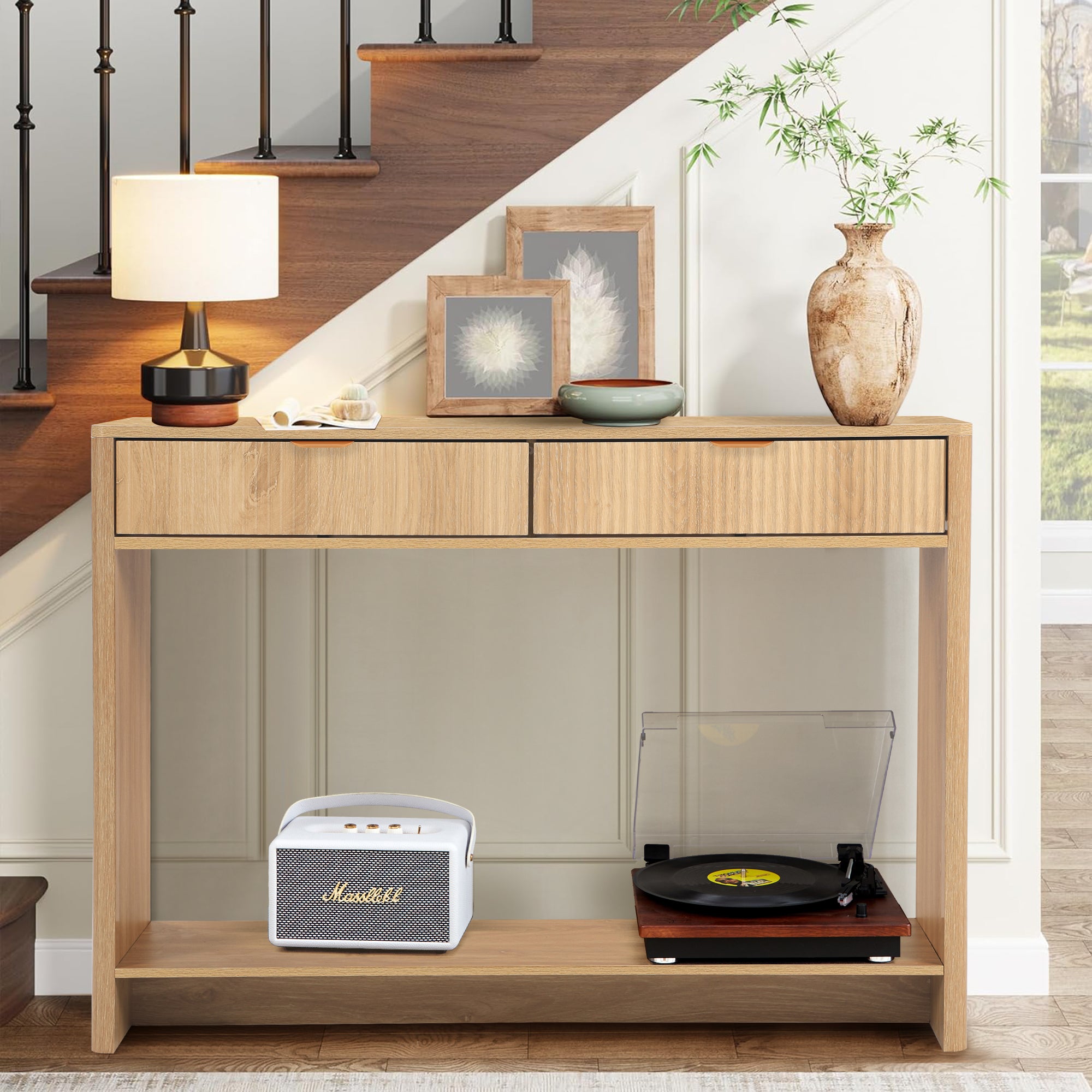 Wirrytor Narrow Console Table with Drawers and Storage Shelf, Modern Sofa Table for Living Room Entryway, Space-Saving Hallway Table Behind Couch with Solid Wood Legs