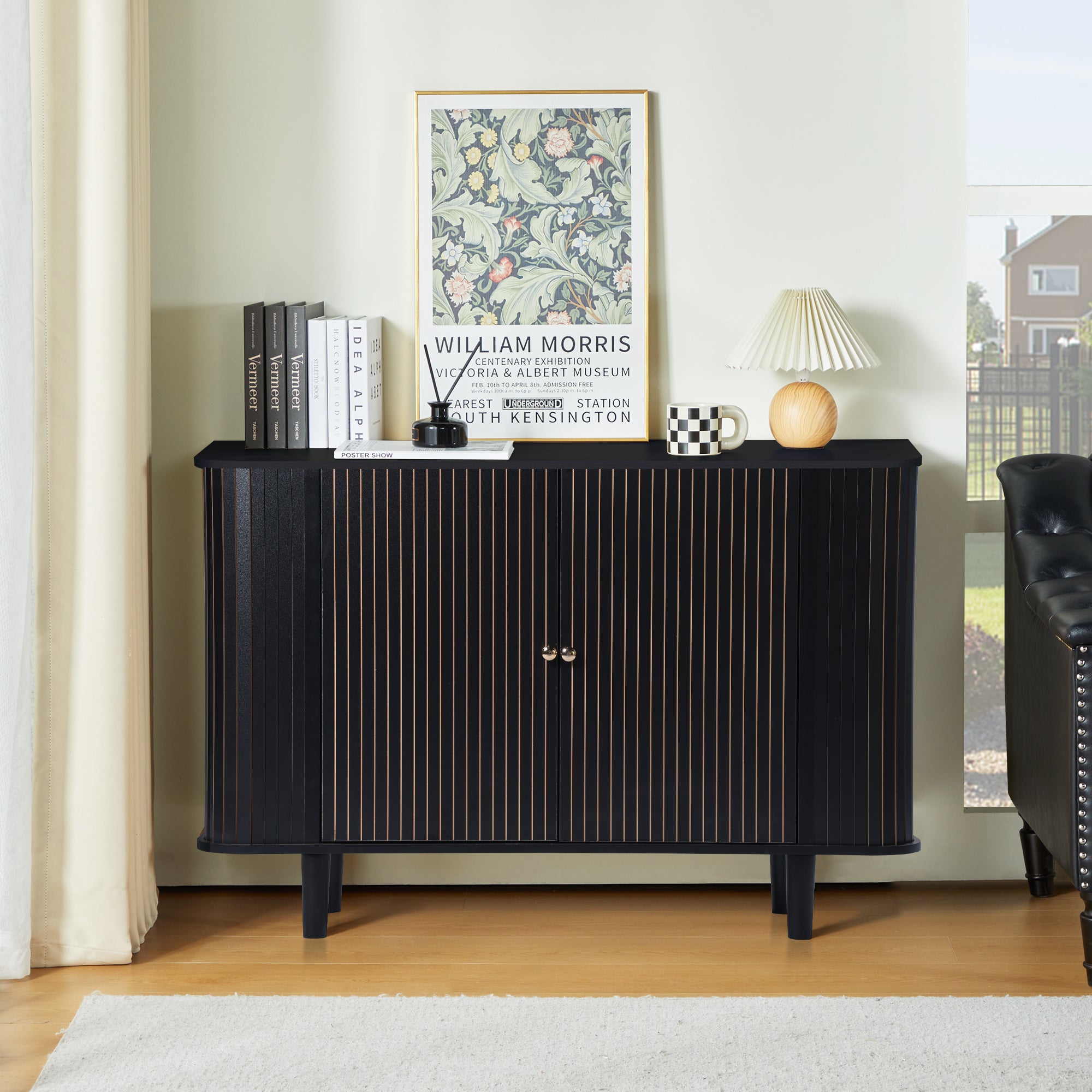 Wirrytor Buffet Storage Cabinet, Sideboard Cabinet with 2 Doors and Adjustable Shelve, Credenza Cabinet with Stripping Decorated Design for Living Room, Dining Room, Bedroom