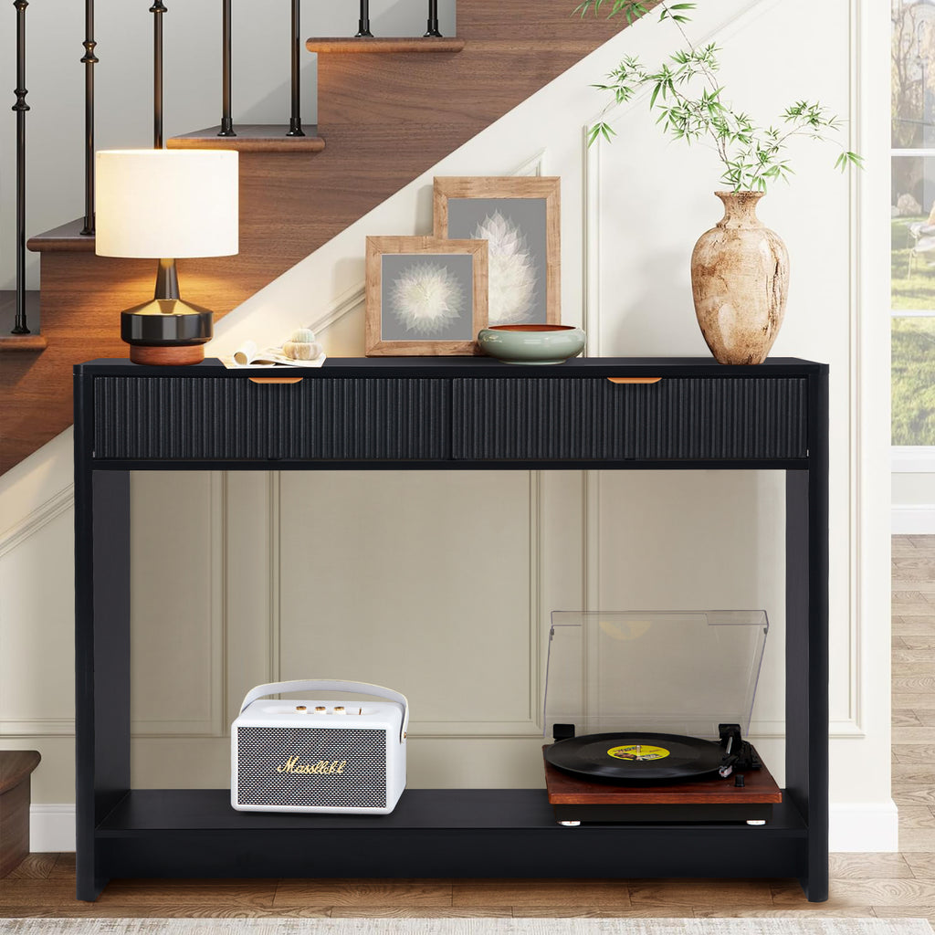 Wirrytor Narrow Console Table with Drawers and Storage Shelf, Modern Sofa Table for Living Room Entryway, Space-Saving Hallway Table Behind Couch with Solid Wood Legs