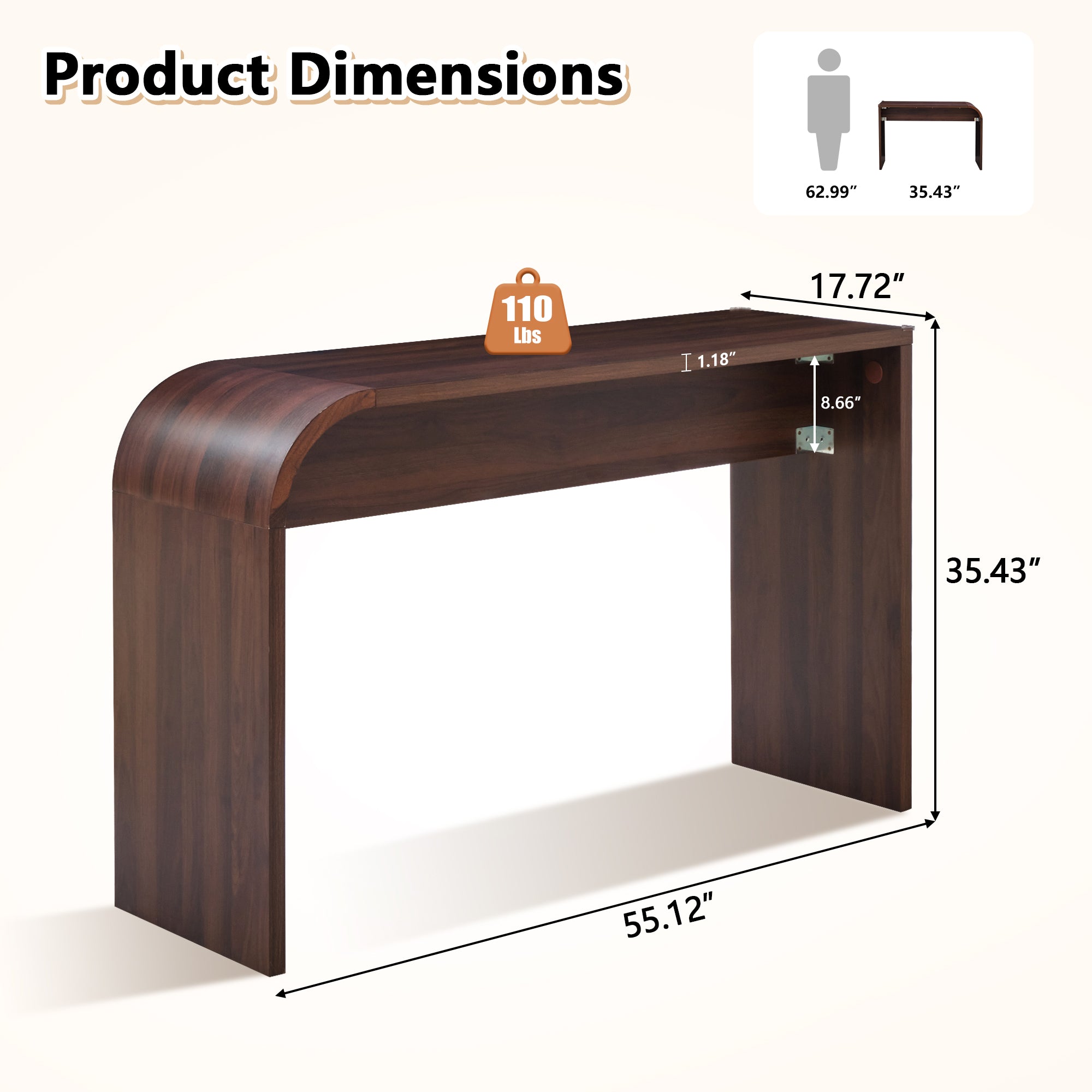 WIRRYTOR 55" Modern Waterfall Bar Table, 35.4" Tall Counter Height Console Table Behind Couch, Multipurpose Narrow Kitchen Pub Table and Desk
