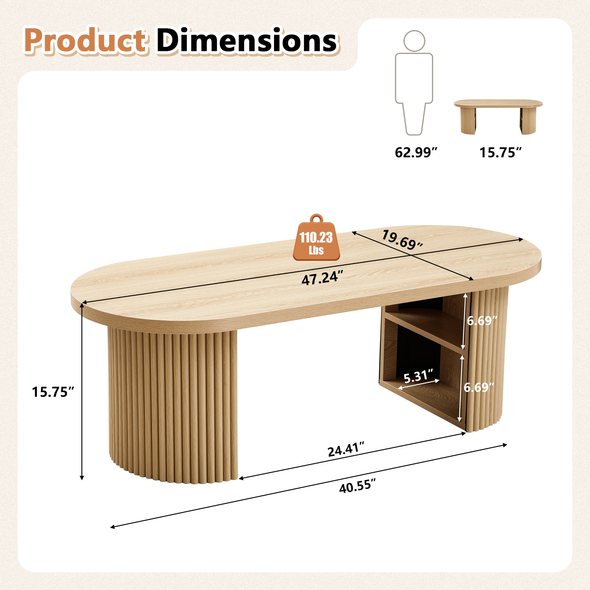 Wirrytor Oval Fluted Coffee Table with Fluted Legs