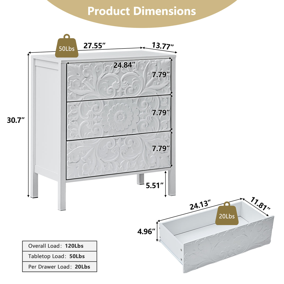 Wirrytor 3 Drawer Farmhouse Dresser with Embossed Weathered Flower Motif, Vintage Nightstand for Bedroom, White