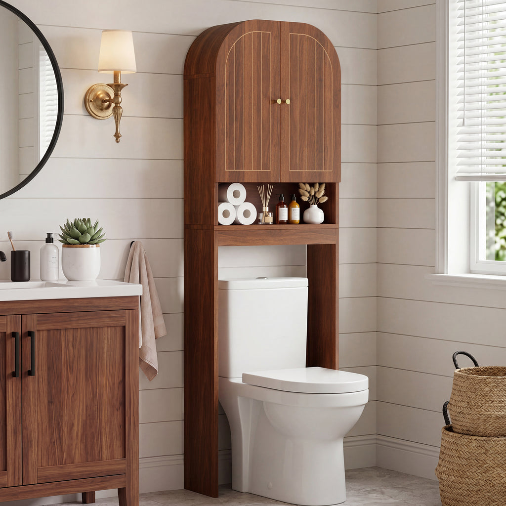 Wirrytor 70" Tall Arched Over the Toilet Storage Cabinet, Modern Bathroom Organizer with Fluted Doors, Freestanding Space Saver Organizer Rack