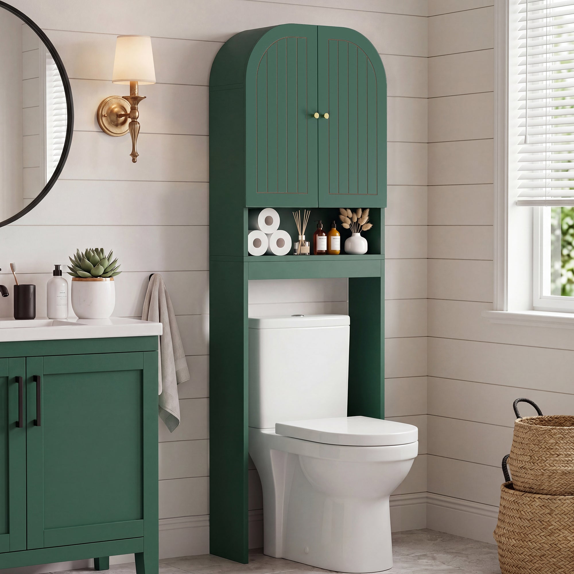 Wirrytor 70" Tall Arched Over the Toilet Storage Cabinet, Modern Bathroom Organizer with Fluted Doors, Freestanding Space Saver Organizer Rack