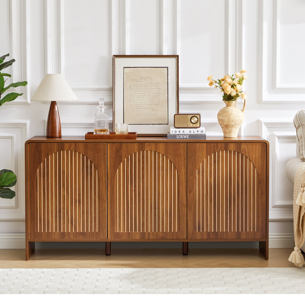 WIRRYTOR Fluted Sideboard Buffet Cabinet with 3 Doors, Buffet Storage Cabinet with Adjustable Shelves, Pop-Up Doors, Stripe Patterns&Arche Tirm Design for Kitchen Dining Living Room,Black