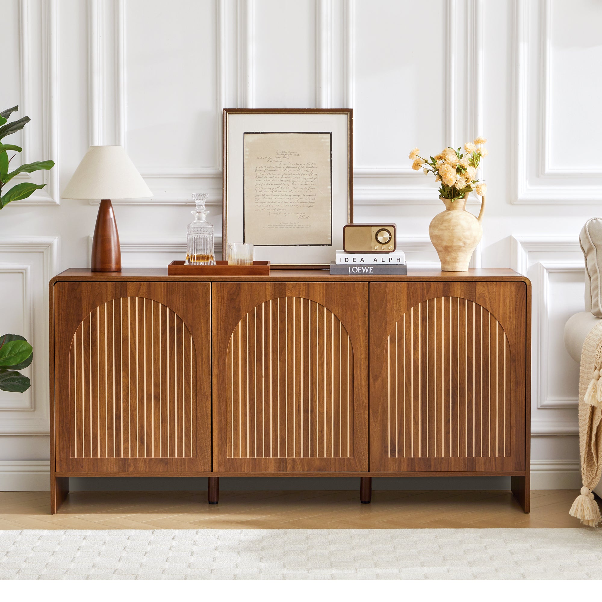 WIRRYTOR Fluted Sideboard Buffet Cabinet with 3 Doors, Buffet Storage Cabinet with Adjustable Shelves, Pop-Up Doors, Stripe Patterns&Arche Tirm Design for Kitchen Dining Living Room,Black