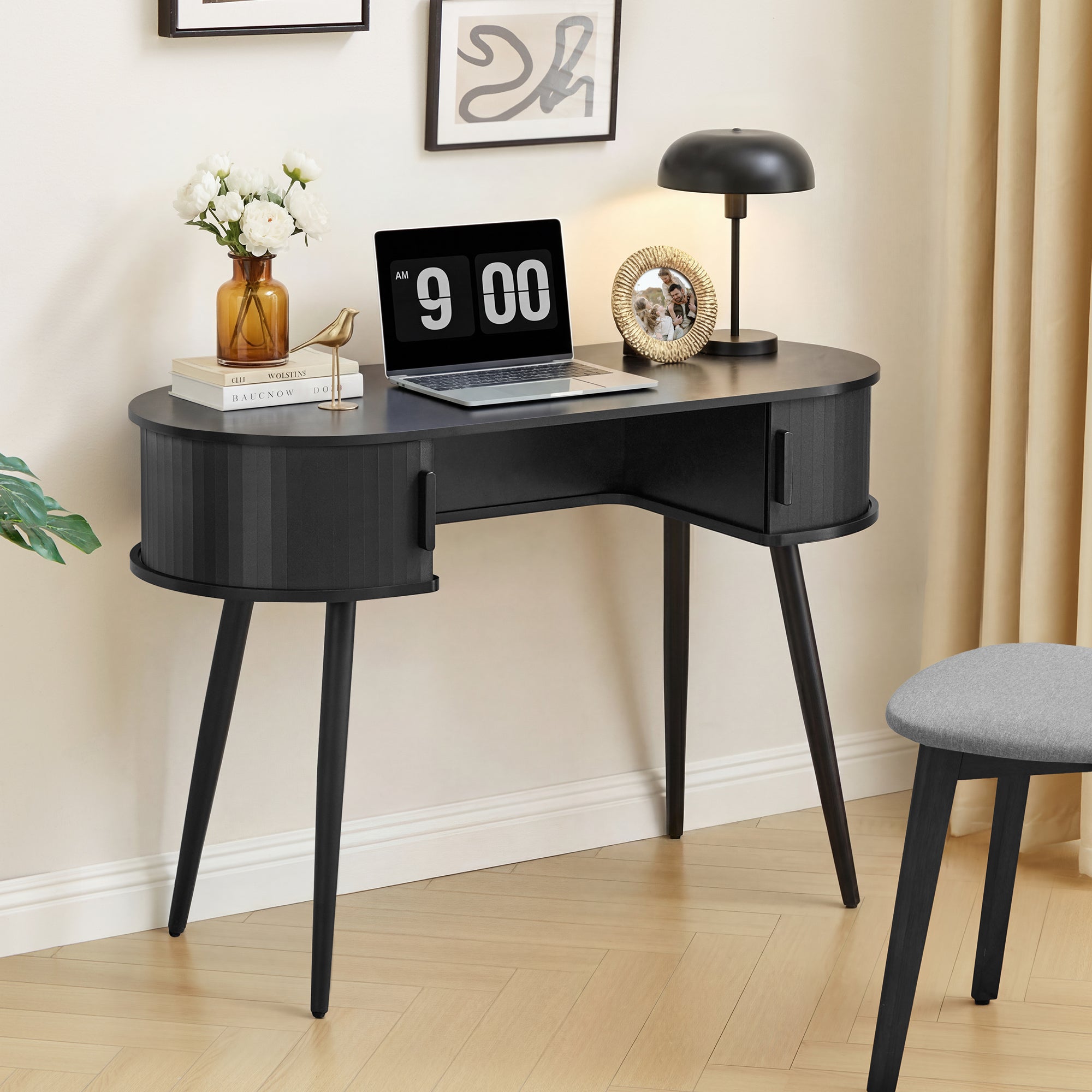 Wirrytor 43" Oval Fluted Home Office Desk, Small Computer Desk Mid Century Modern Vanity Table with Sliding Tambour Door, Wooden Writing Study Desk for Small Spaces, Bedroom, Office