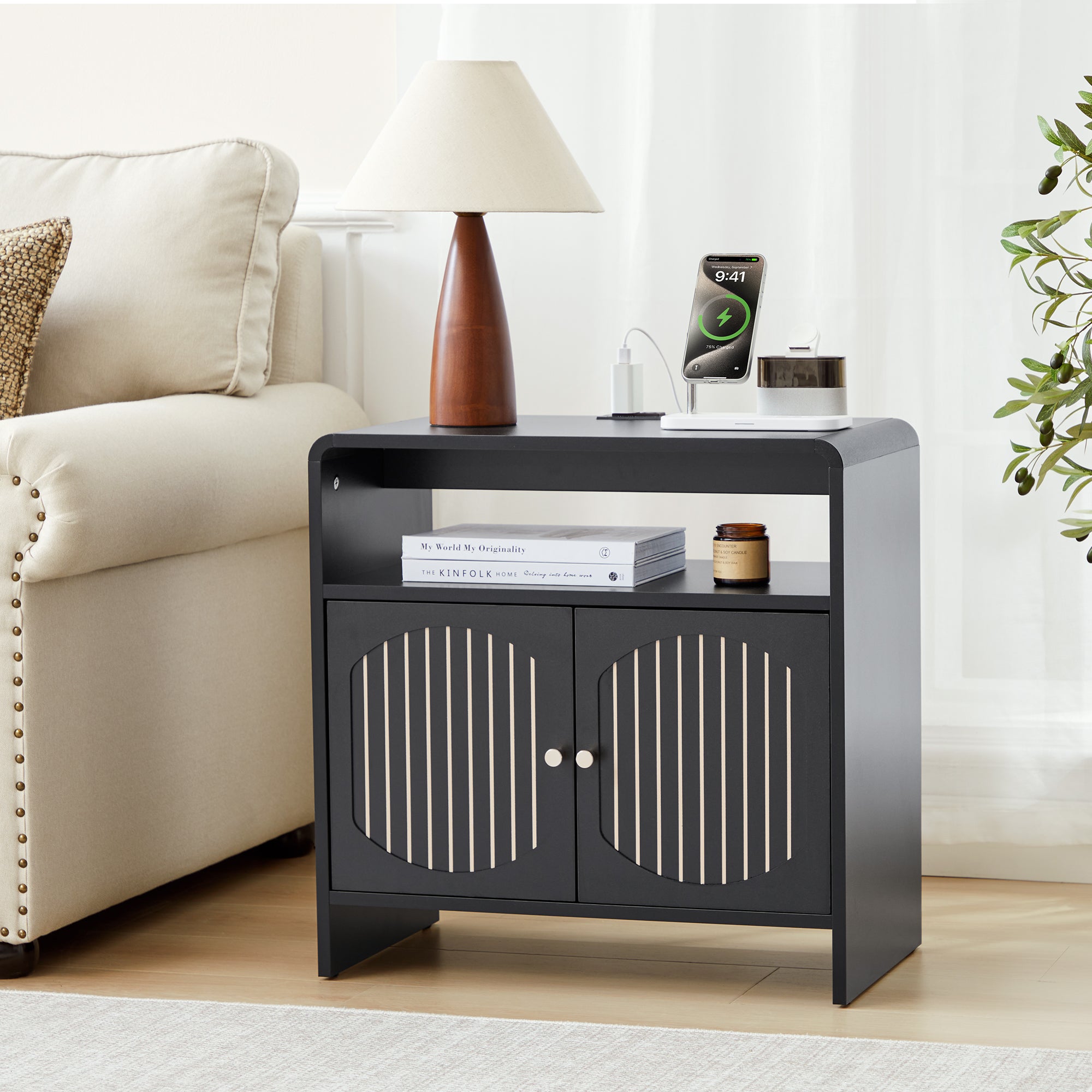 Wirrytor Black 2-Pack Side Tables With Charging Station, Modern Curved Edge End Tables With 2 Doors & Adjustable Shelves, Sleek Nightstands For Bedroom Living Room