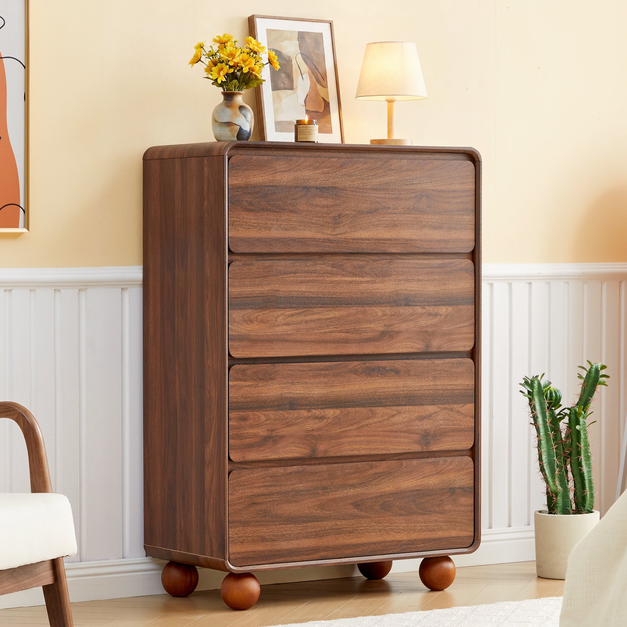 WIRRYTOR Modern 4 Drawer Curved Bedroom Dresser, Wood Chest of Drawers with Solid Ball Legs, 46"Tall Clothes Storage Organizer Chest