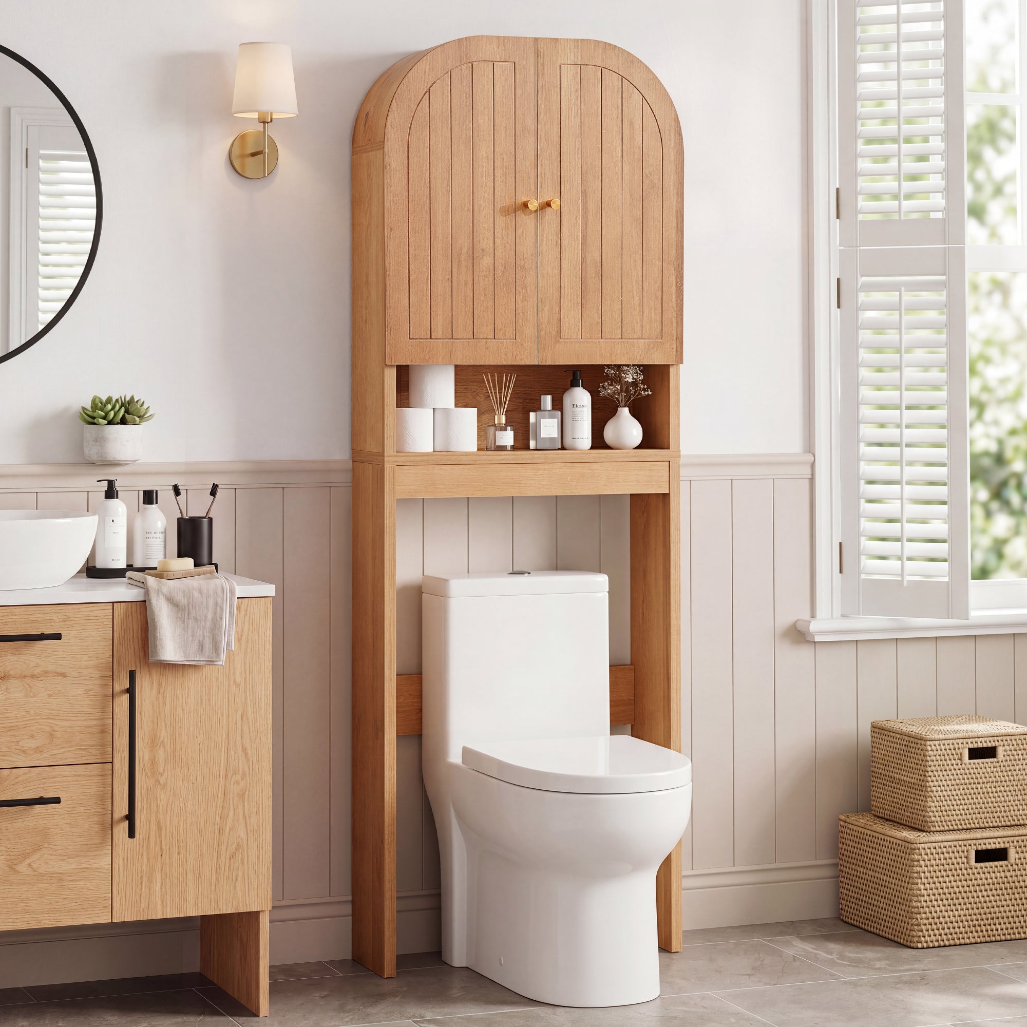 Wirrytor 70" Tall Arched Over the Toilet Storage Cabinet, Modern Bathroom Organizer with Fluted Doors, Freestanding Space Saver Organizer Rack