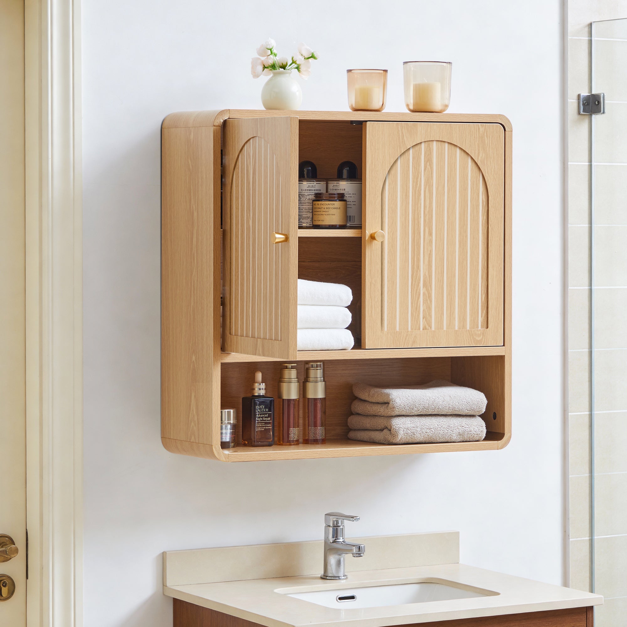 Wirrytor Fluted Wooden Medicine Cabinet Storage, Brown Bathroom Wall Cabinet with 2 Doors Adjustable Shelf and Towels Bar