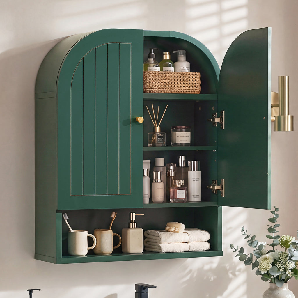 Wirrytor Fluted Wooden Medicine Cabinet Storage, Brown Bathroom Wall Cabinet with 2 Doors Adjustable Shelf and Towels Bar
