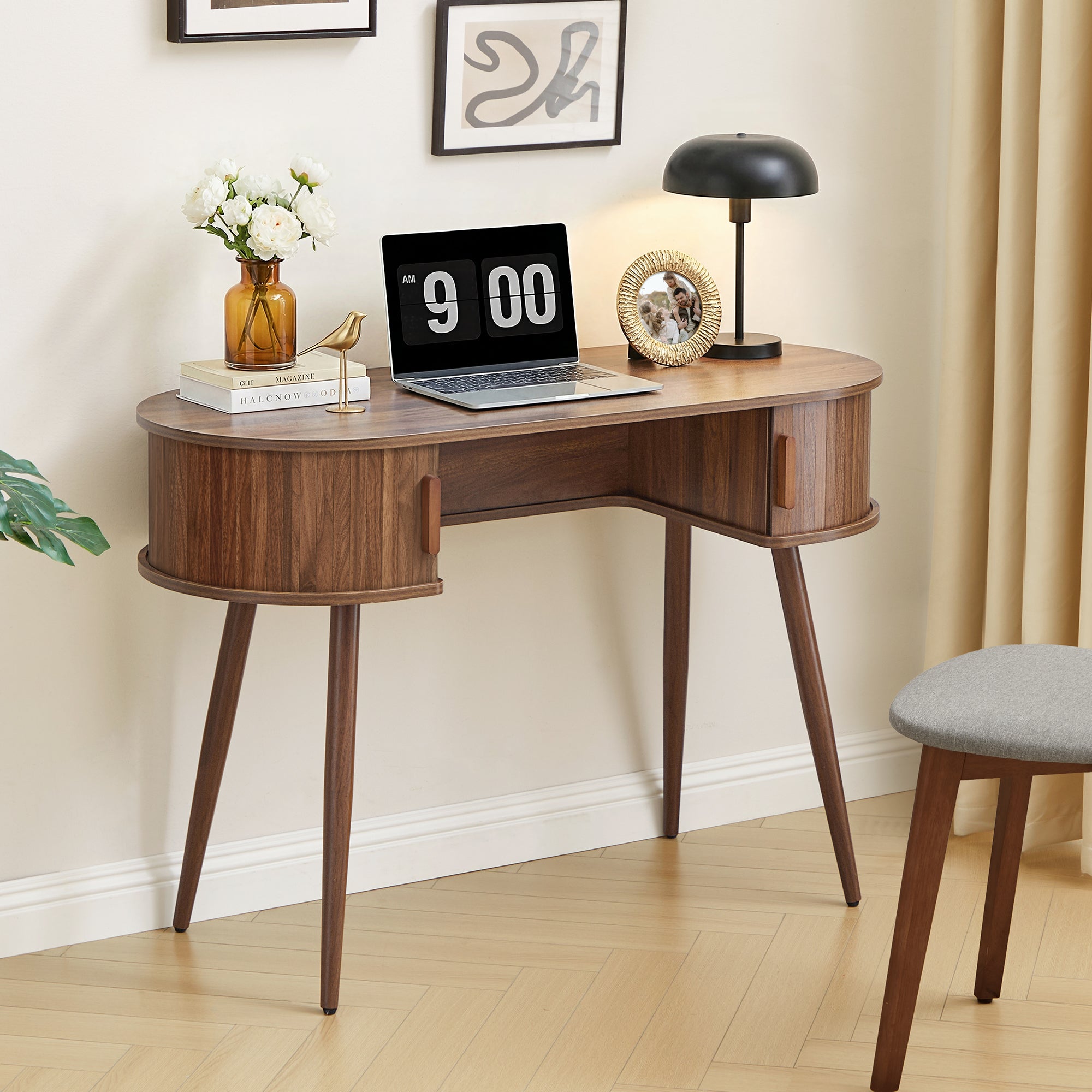 Wirrytor 43" Oval Fluted Home Office Desk, Small Computer Desk Mid Century Modern Vanity Table with Sliding Tambour Door, Wooden Writing Study Desk for Small Spaces, Bedroom, Office