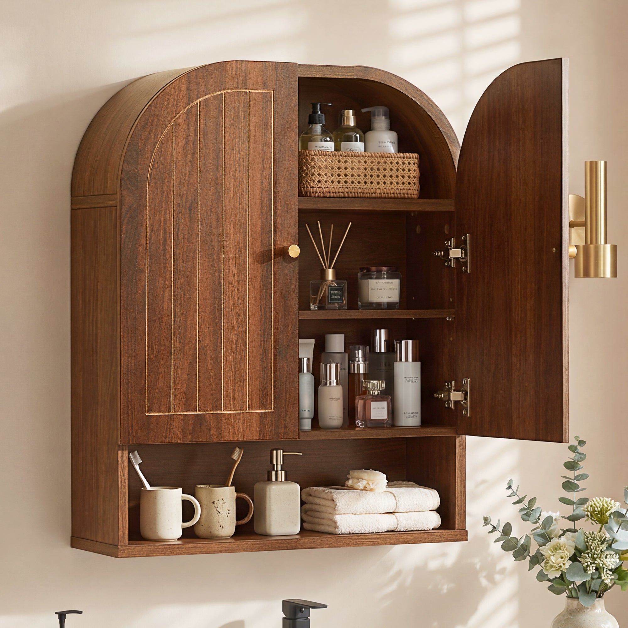 Wirrytor Fluted Wooden Medicine Cabinet Storage, Brown Bathroom Wall Cabinet with 2 Doors Adjustable Shelf and Towels Bar