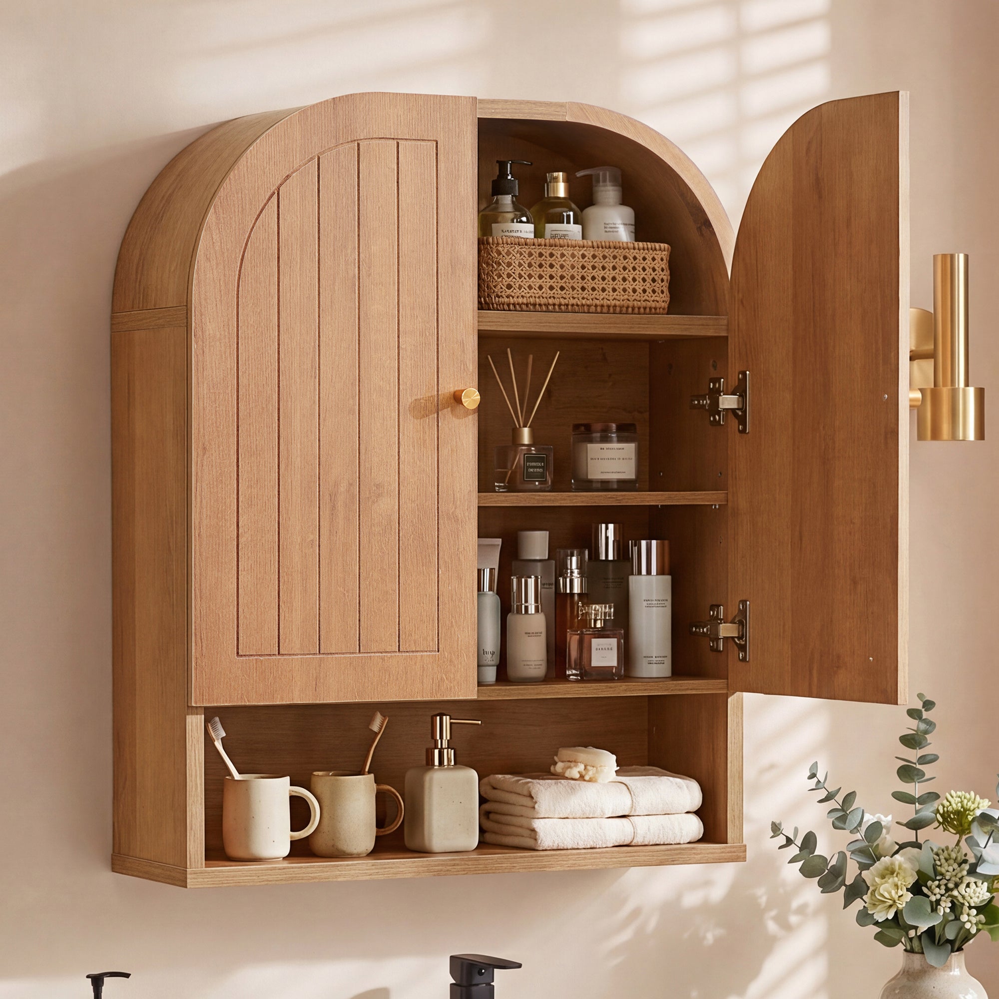 Wirrytor Fluted Wooden Medicine Cabinet Storage, Brown Bathroom Wall Cabinet with 2 Doors Adjustable Shelf and Towels Bar
