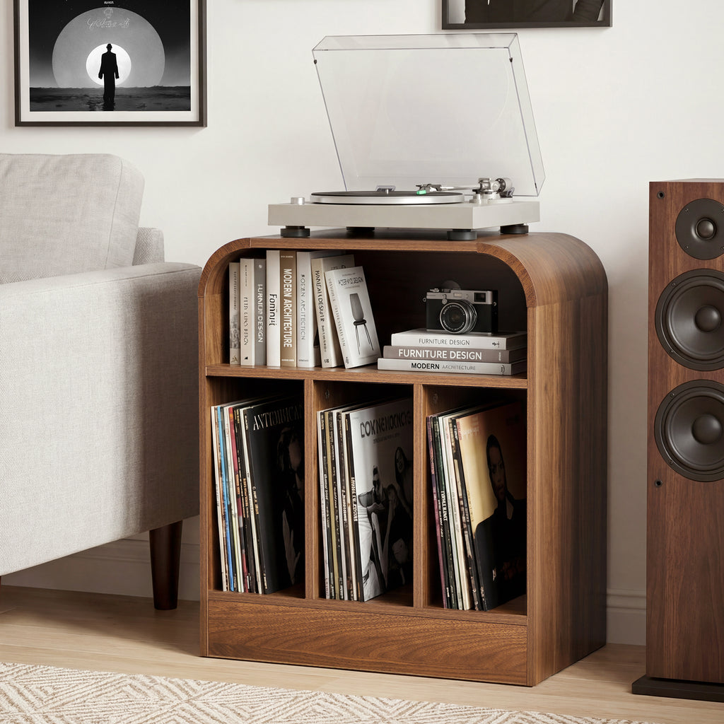 WIRRYTOR Mid Century Modern Curved Record Player Stand, Retro 3-Compartment Vinyl Storage Turntable Stand for 100+ Albums, Walnut Record Cabinet