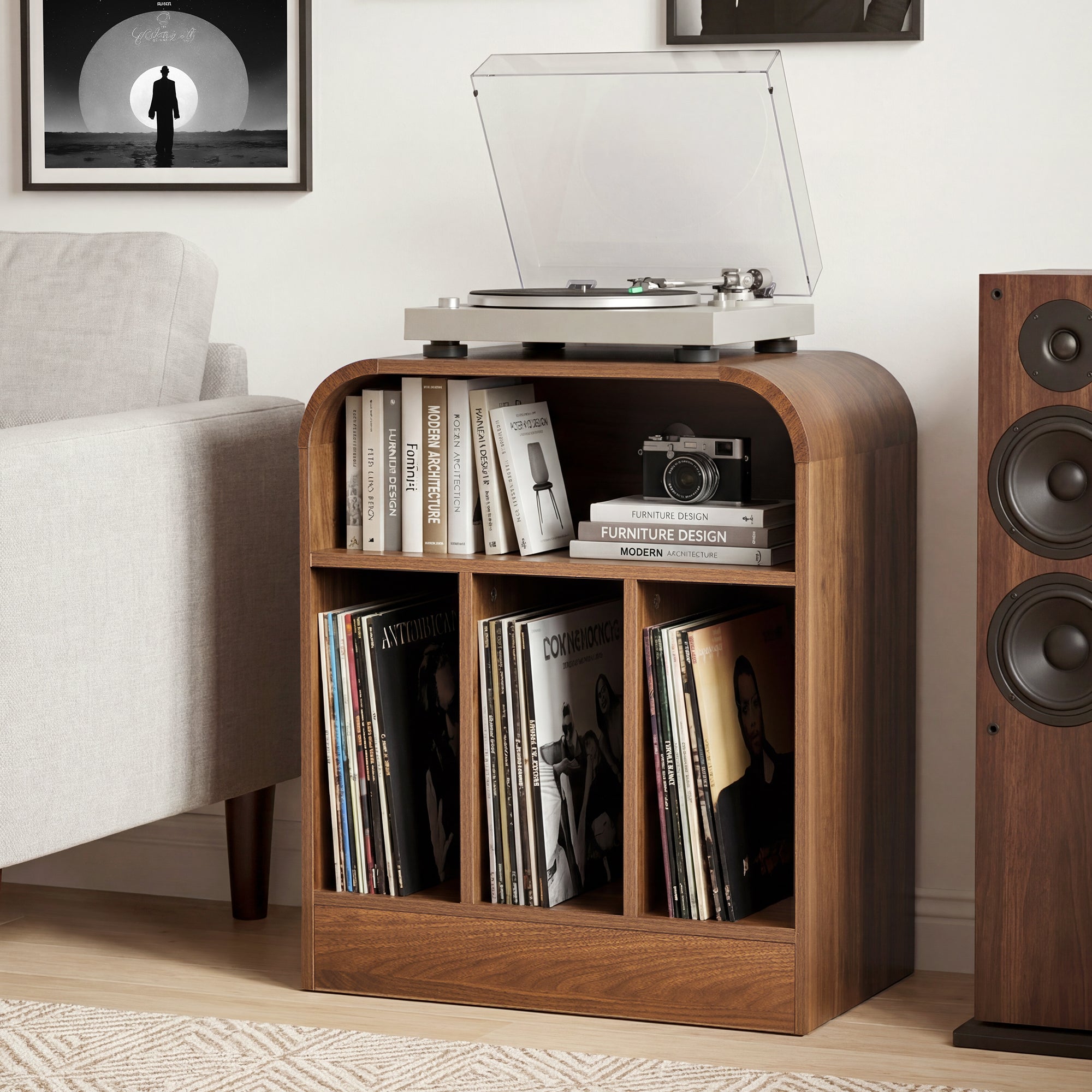 WIRRYTOR Mid Century Modern Curved Record Player Stand, Retro 3-Compartment Vinyl Storage Turntable Stand for 100+ Albums, Walnut Record Cabinet