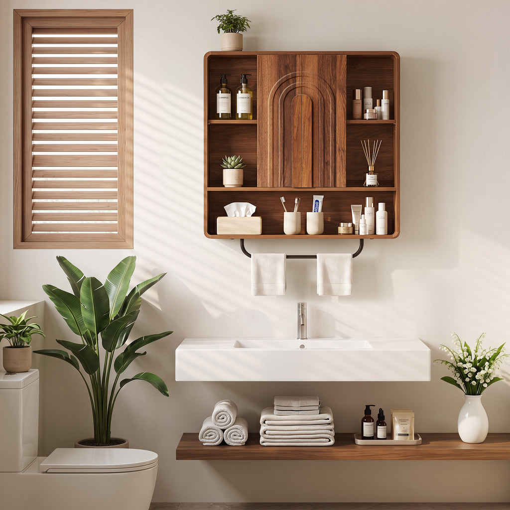 WIRRYTOR Modern Boho Wall Mounted Bathroom Cabinet with Arched Doors, Medicine Cabinet Kitchen Wall Storage Organizer with Towel Bar, 5 Hooks, Walnut