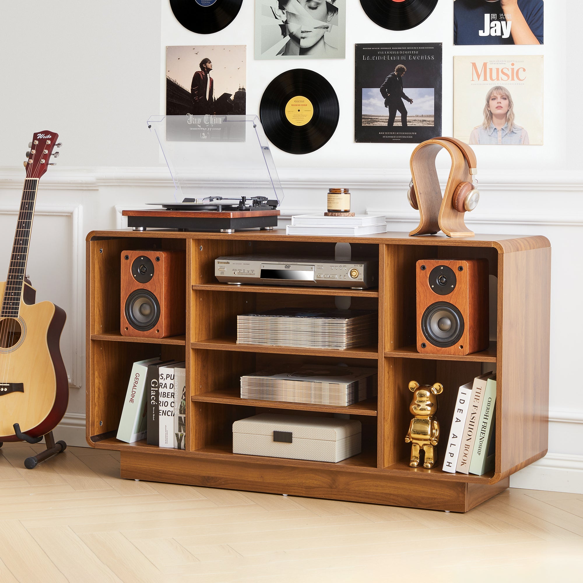 WIRRYTOR Mid Century Modern Curved Record Player Stand, Retro 3-Compartment Vinyl Storage Turntable Stand for 100+ Albums, Walnut Record Cabinet