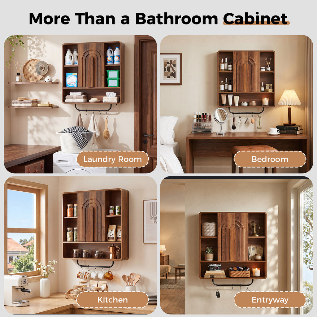 WIRRYTOR Modern Boho Wall Mounted Bathroom Cabinet with Arched Doors, Medicine Cabinet Kitchen Wall Storage Organizer with Towel Bar, 5 Hooks, Walnut