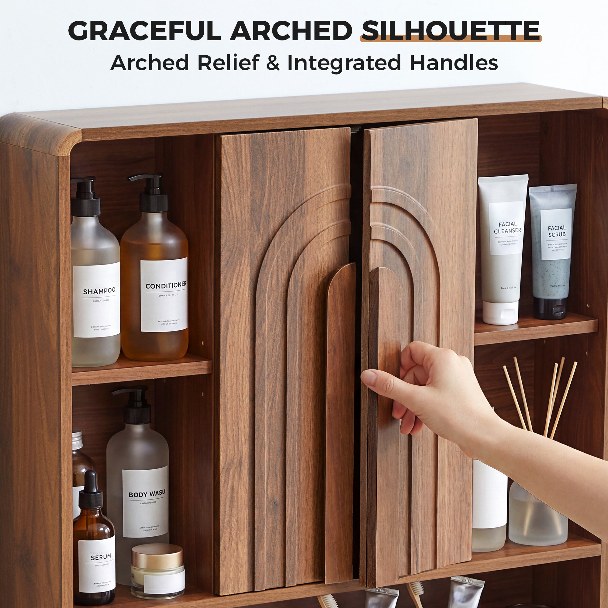WIRRYTOR Modern Boho Wall Mounted Bathroom Cabinet with Arched Doors, Medicine Cabinet Kitchen Wall Storage Organizer with Towel Bar, 5 Hooks, Walnut