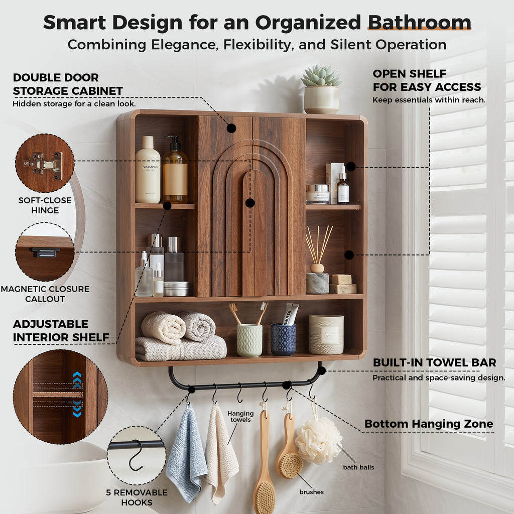 WIRRYTOR Modern Boho Wall Mounted Bathroom Cabinet with Arched Doors, Medicine Cabinet Kitchen Wall Storage Organizer with Towel Bar, 5 Hooks, Walnut