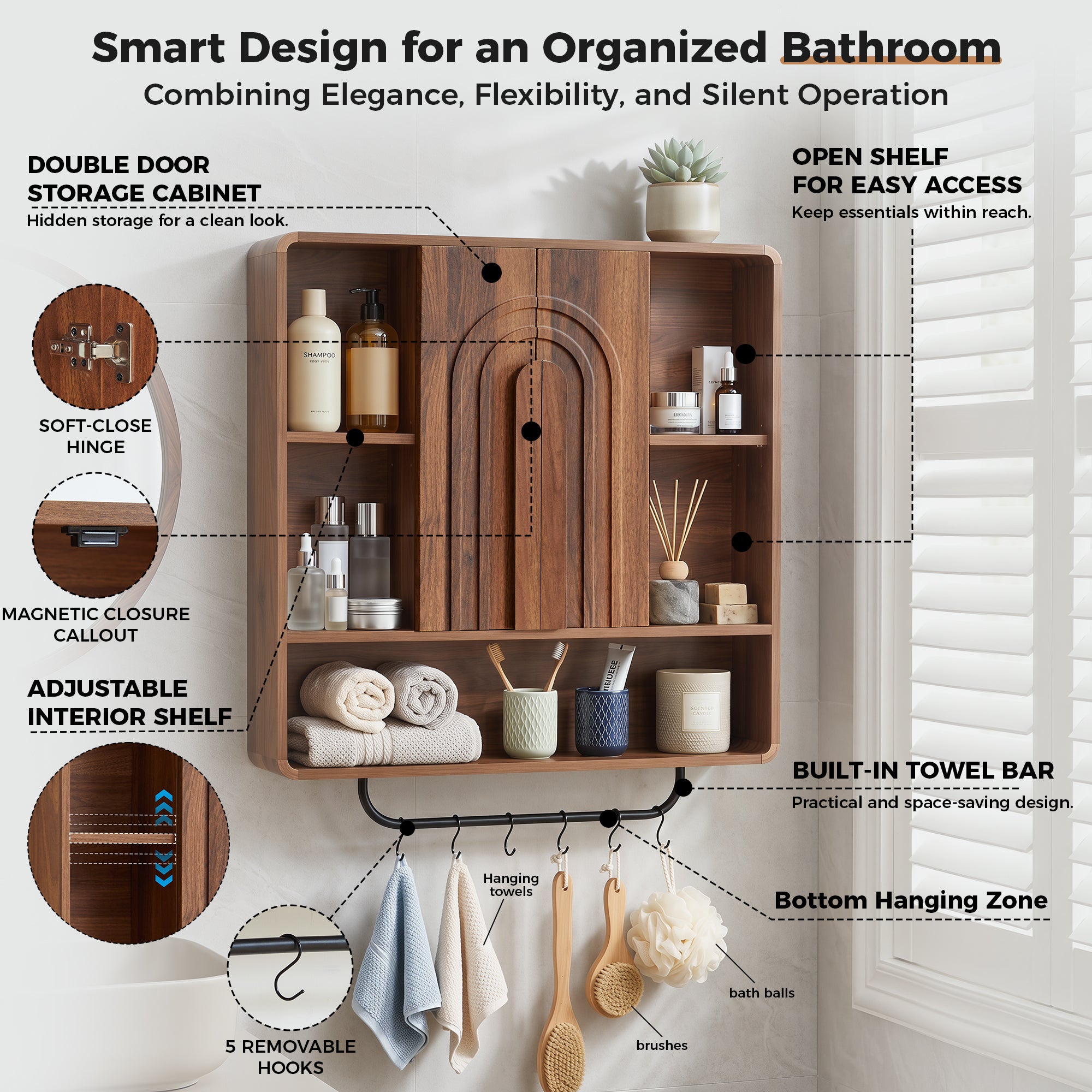 WIRRYTOR Modern Boho Wall Mounted Bathroom Cabinet with Arched Doors, Medicine Cabinet Kitchen Wall Storage Organizer with Towel Bar, 5 Hooks, Walnut
