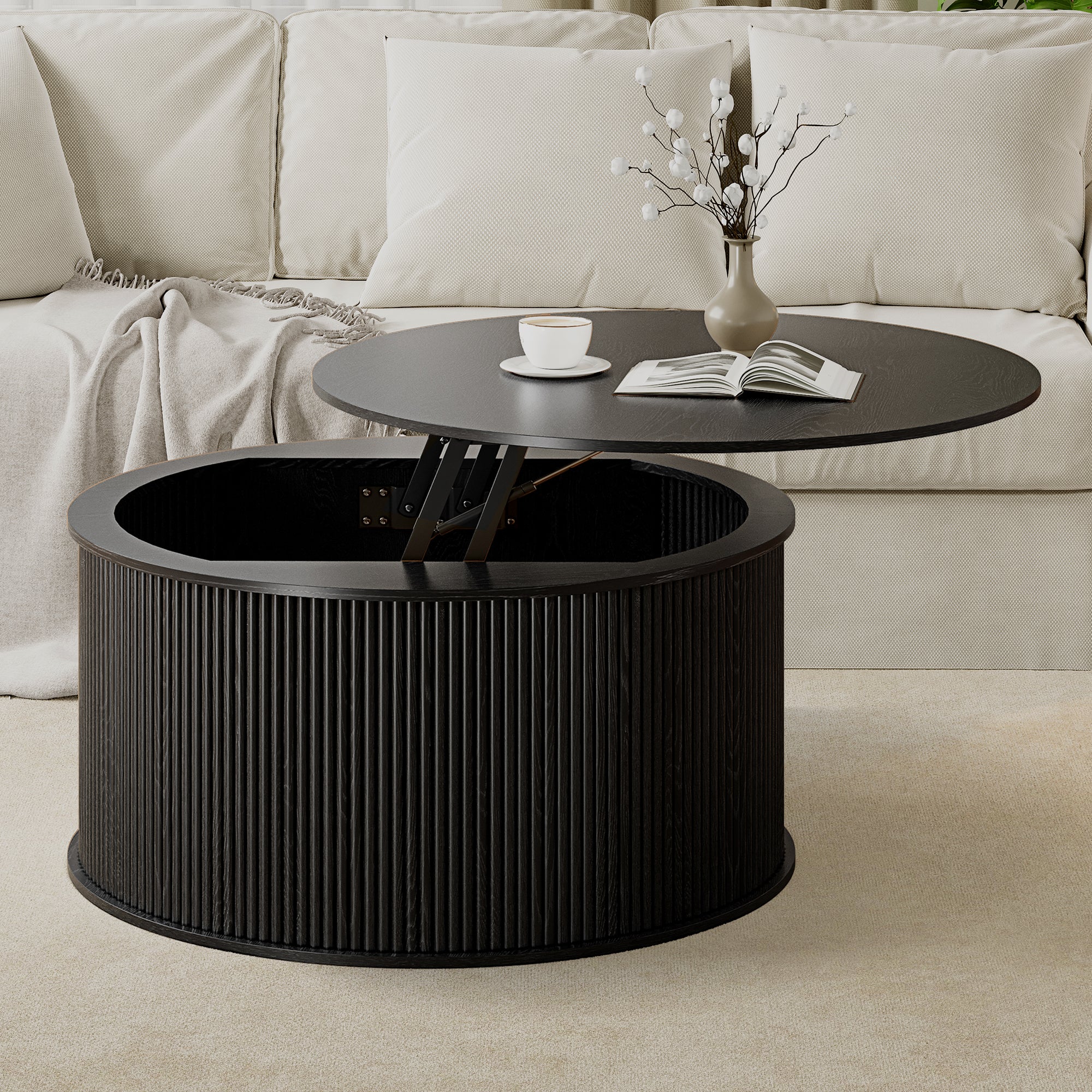 Wirrytor 31 inch Walnut Round Coffee Table for Living Room with Hiddern Storage