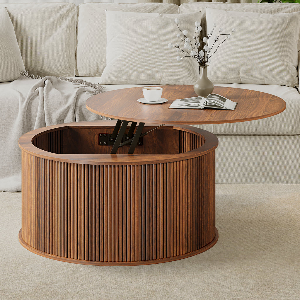 Wirrytor 31 inch Walnut Round Coffee Table for Living Room with Hiddern Storage