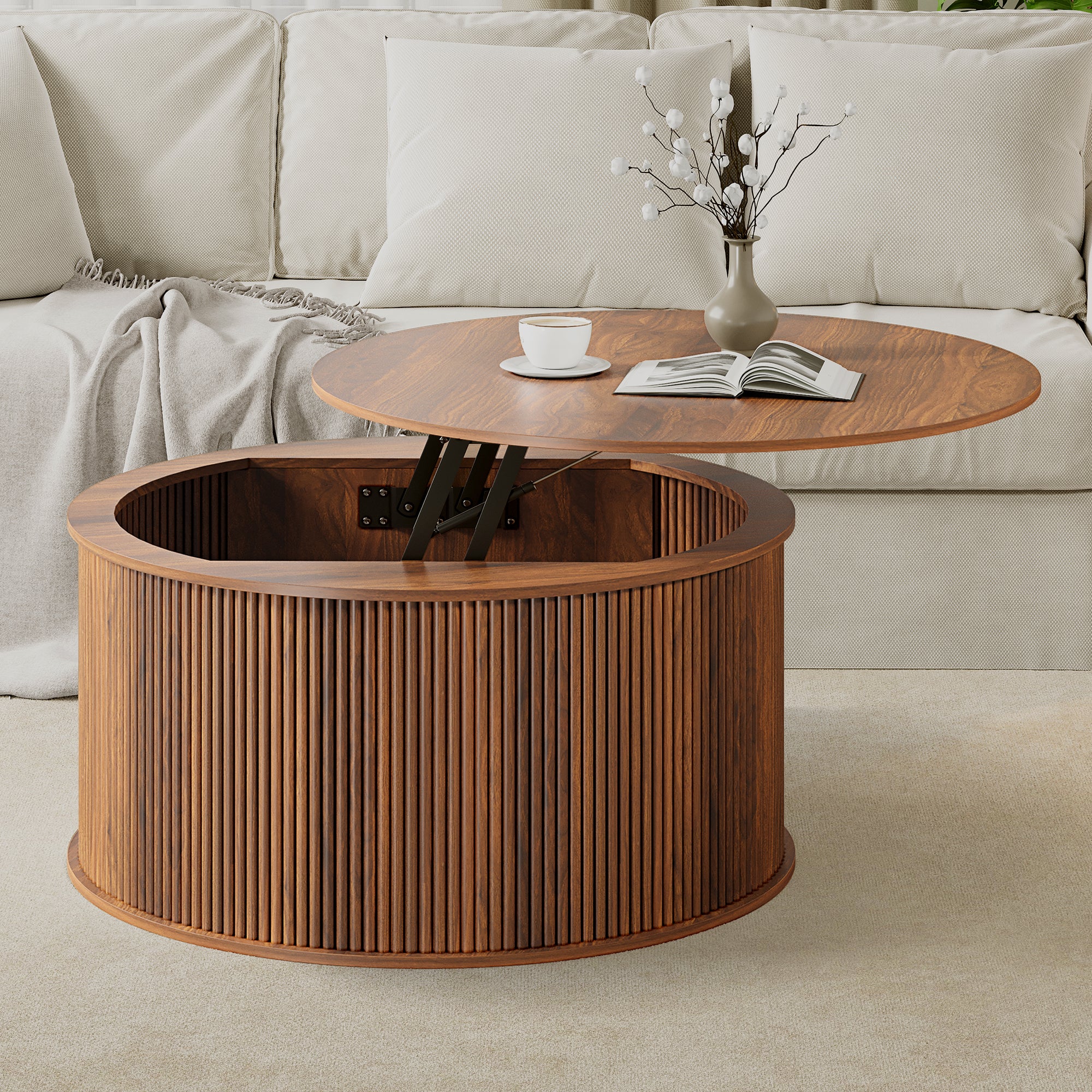 Wirrytor 31 inch Walnut Round Coffee Table for Living Room with Hiddern Storage