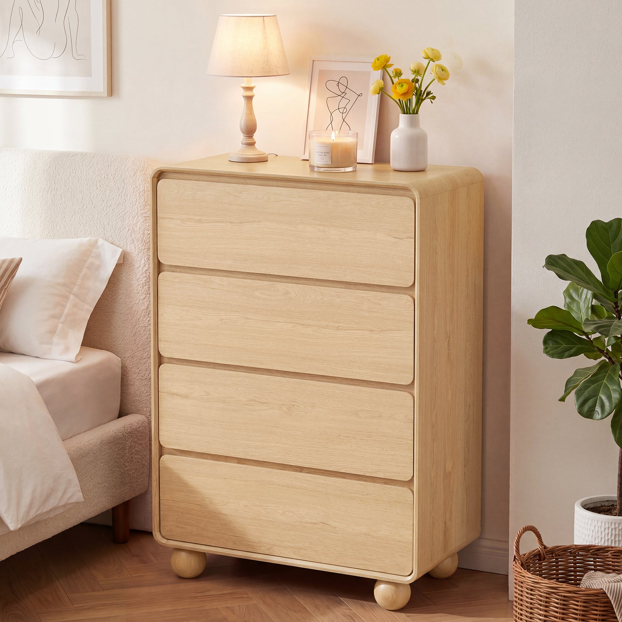 WIRRYTOR Modern 4 Drawer Curved Bedroom Dresser, Wood Chest of Drawers with Solid Ball Legs, 46"Tall Clothes Storage Organizer Chest