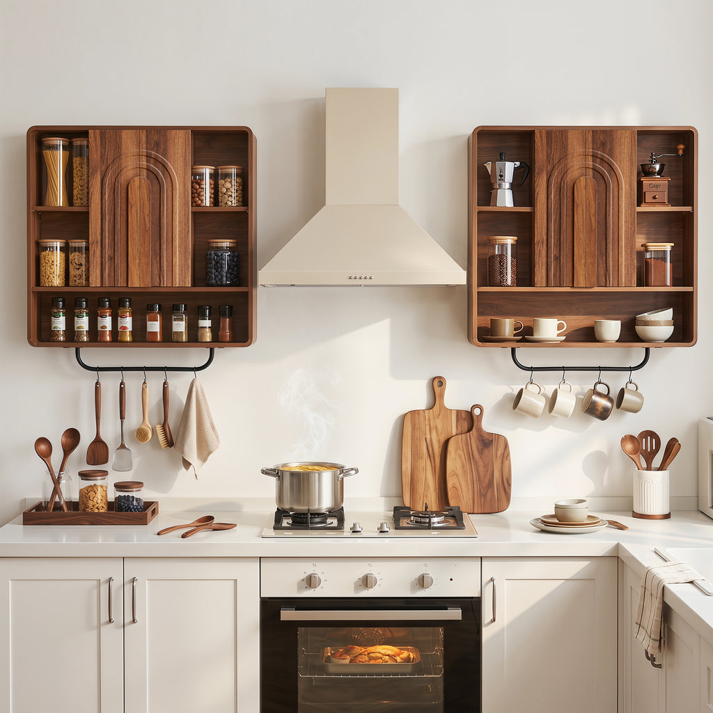 WIRRYTOR Modern Boho Wall Mounted Bathroom Cabinet with Arched Doors, Medicine Cabinet Kitchen Wall Storage Organizer with Towel Bar, 5 Hooks, Walnut