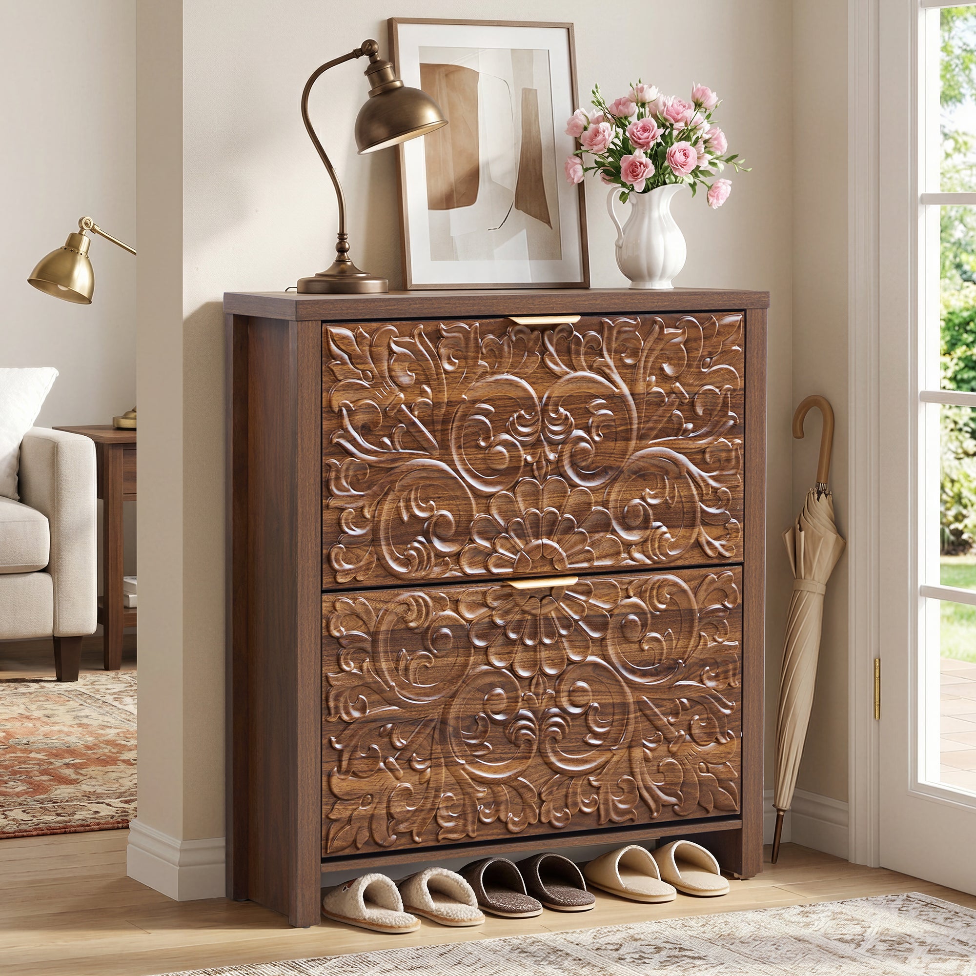 Wirrytor Narrow Walnut Shoe Cabinet with 2 Flip Drawers, Adjustable Shelves Floral Embossed Entryway Organizer, Slim Hidden Shoe Storage for Hallway Foyer Bedroom,Space-Saving Design(1, Walnut)
