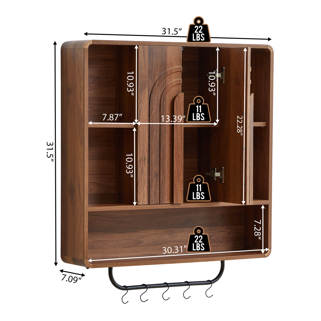 WIRRYTOR Modern Boho Wall Mounted Bathroom Cabinet with Arched Doors, Medicine Cabinet Kitchen Wall Storage Organizer with Towel Bar, 5 Hooks, Walnut