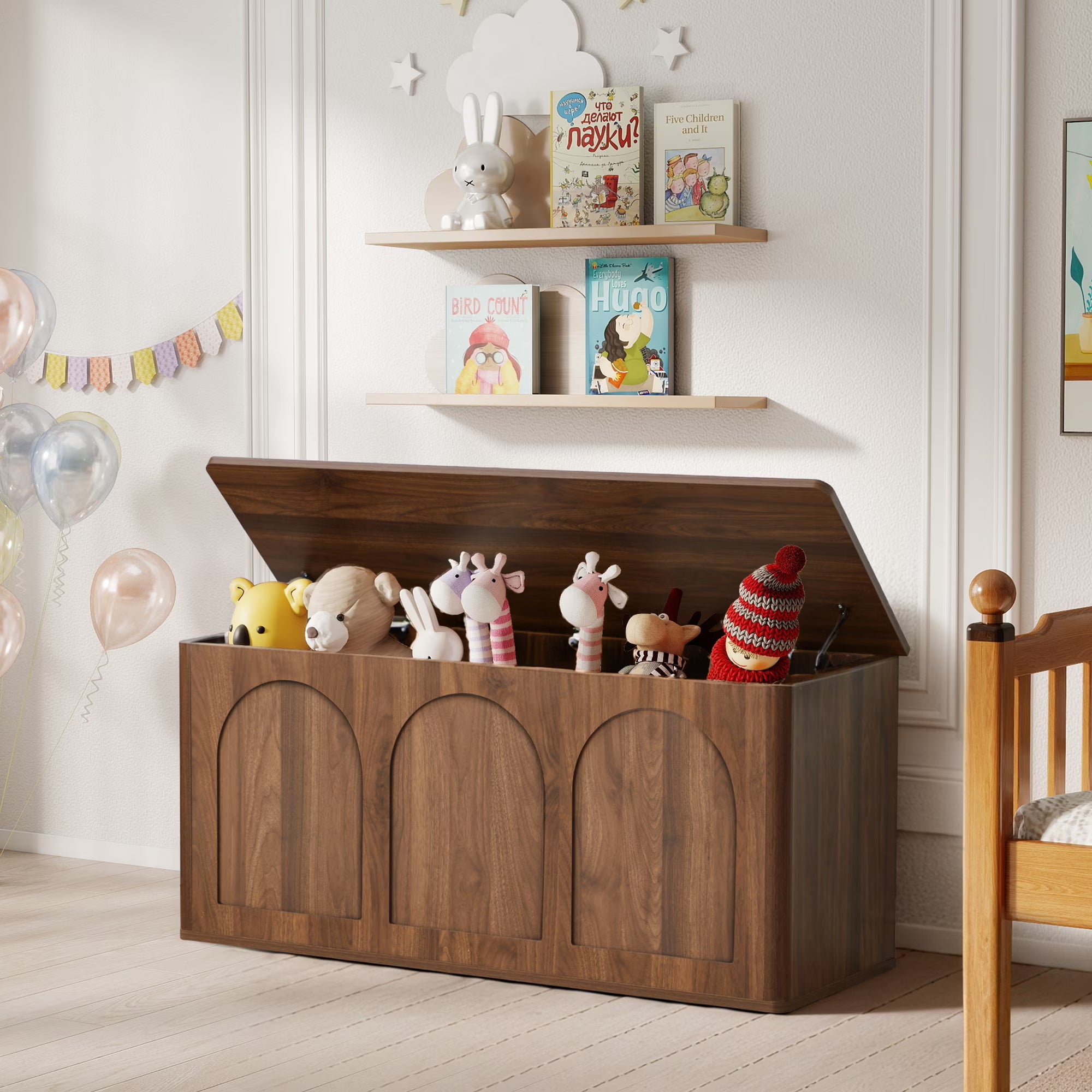 Wirrytor Walnut Curved Edge Storage Bench, Arched Panel Flip-Top Shoe Bench With Buffer Hinge, 220 Lbs Weight Capacity Entryway Organizer For Toys Blankets Hallway Bedroom Living Room