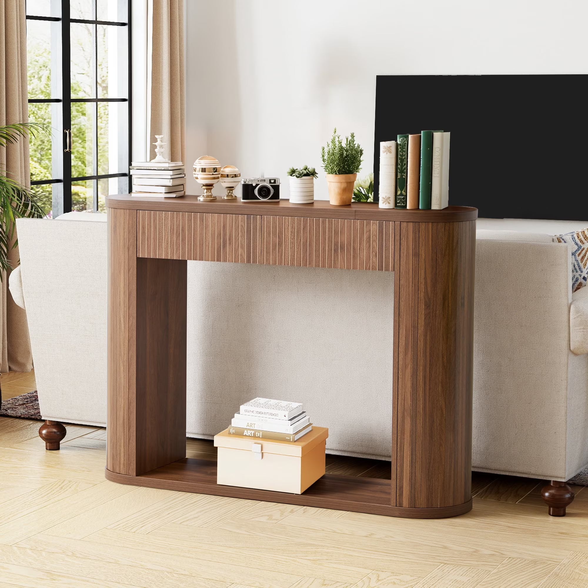 Wirrytor Console Table with Stroge, Narrow Entryway Table with Drawers for Living Room and Entryway, Sofa Table with and Open Storage Shelf, Couch Table Behind Sofa,Natural