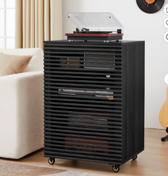 Wirrytor Media Storage Cabinet, 4-Tier Shelves Audio Video Record Stand Cabinet with Height Adjustable, Modern AV Cabinet with Doors and Pulley, Storage for Entertainment Stereo