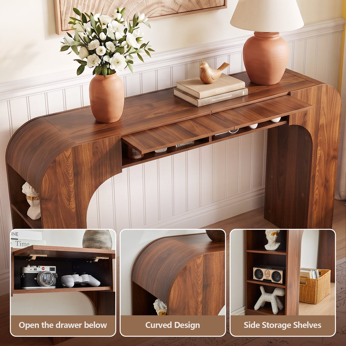 WIRRYTOR 56"L Waterfall Console Table for Entryway, Modern Walnut Entry Table with Drawer and Side Storage, Narrow Living Room Behind Sofa Table