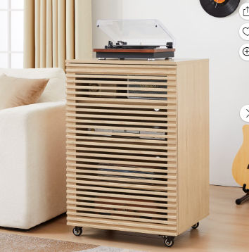 Wirrytor Media Storage Cabinet, 4-Tier Shelves Audio Video Record Stand Cabinet with Height Adjustable, Modern AV Cabinet with Doors and Pulley, Storage for Entertainment Stereo