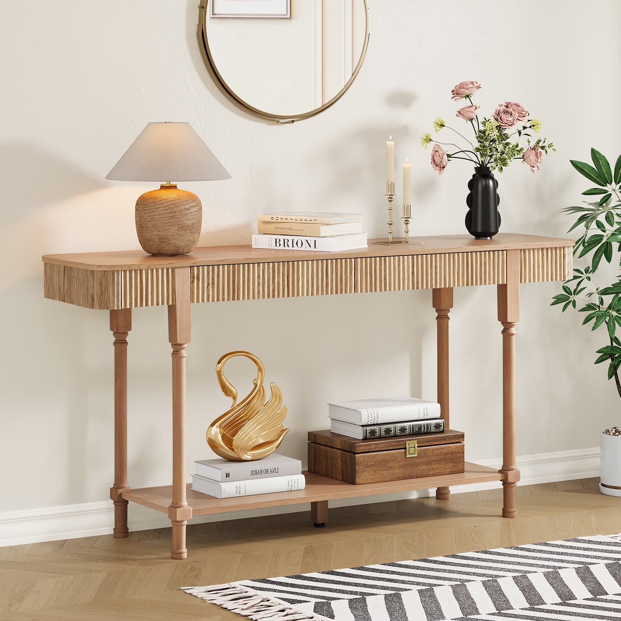 Wirrytor Long Console Table with Drawers for Living Room, Narrow Fluted Sofa Table with Open Storage Shelf, Couch Table Behind Sofa, Entryway table, Hallway Table ,Oak