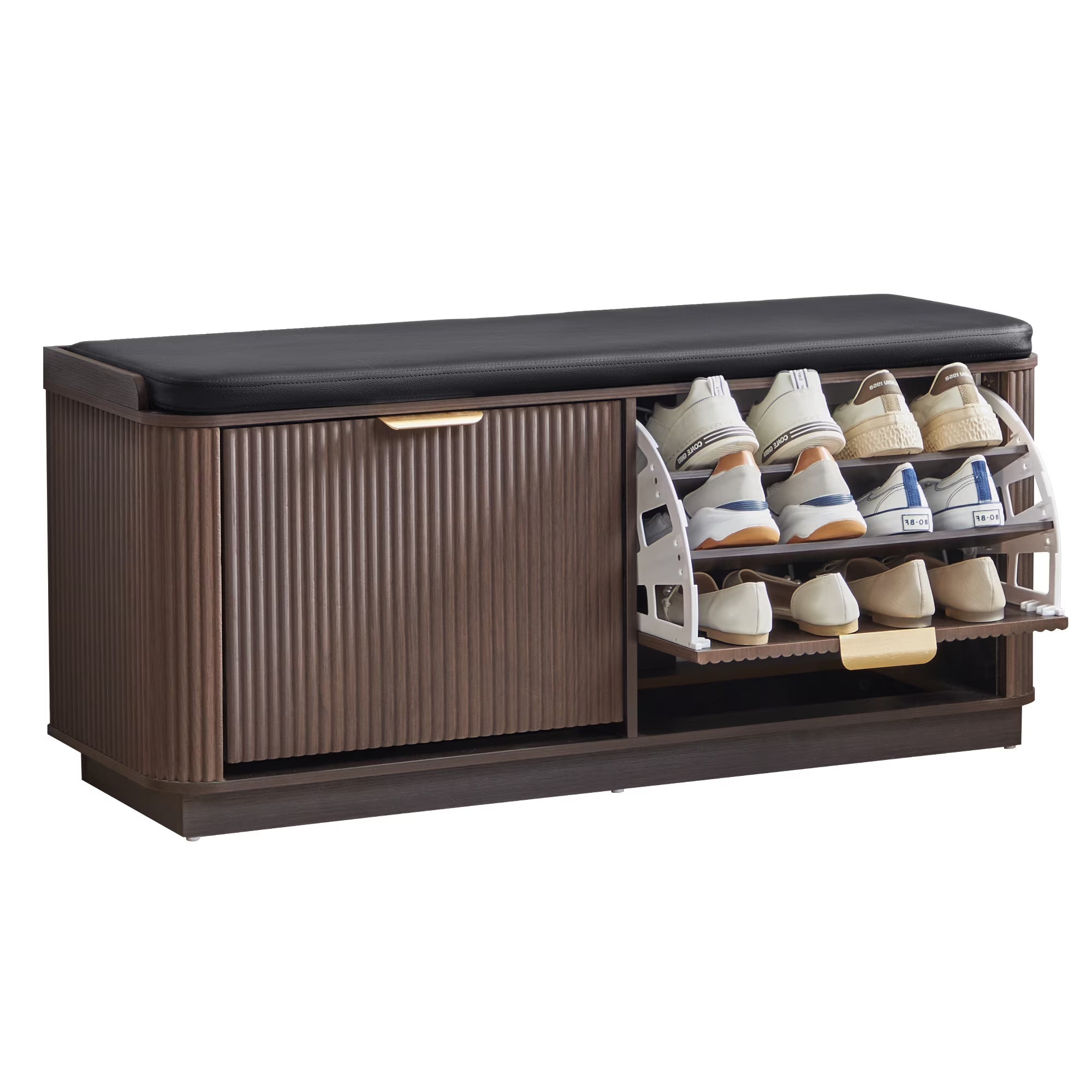 Wirrytor Black 3-Tier Flip Drawer Shoe Bench With Leather Seat, Entryway Shoe Storage Organizer With Adjustable Shelves, Upholstered End Of Bed Bench For Hallway Bedroom