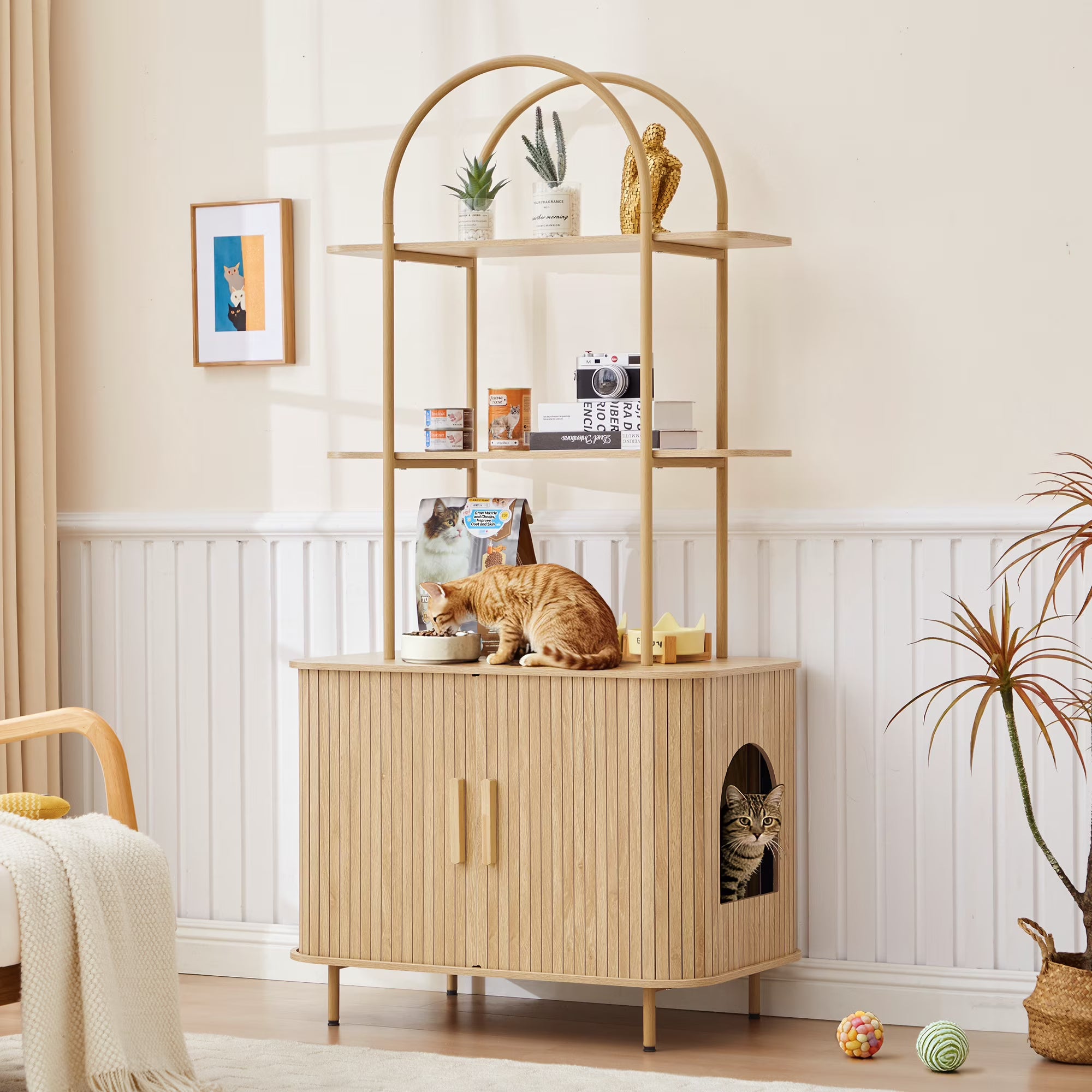 Wirrytor Natural Wood 63" Cat Litter Box Enclosure With Sliding Doors, 3-Tier Open Shelves Hidden Cat Washroom Furniture, Tall Pet Privacy Screen For Living Room