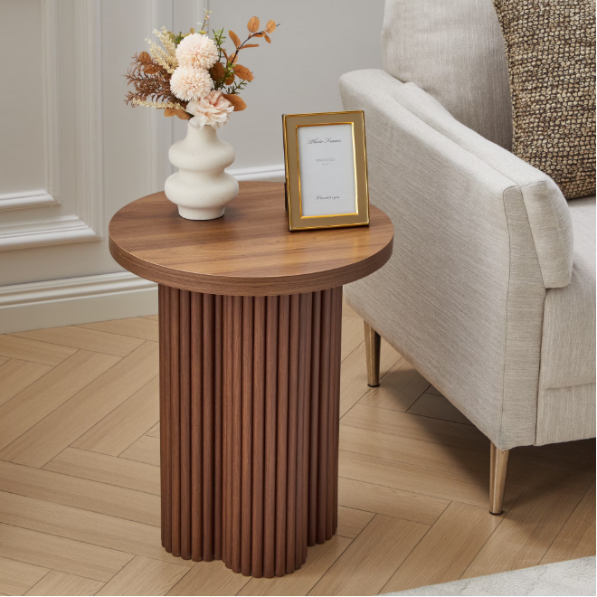 Wirrytor Farmhouse Round End Table, Wooden Fluted Couch Side Table with Octagonal Base for Living Room, Small Bedside Table Accent Cabinet, Bedroom