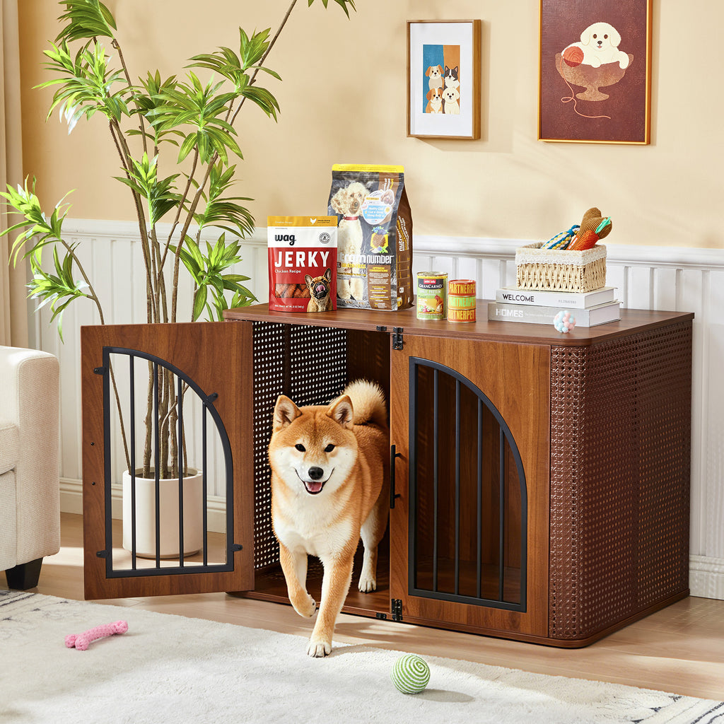 WIRRYTOR 39.37" Wooden Furniture Dog Crate with Arched Doors, Modern Indoor Dog Kennel Pet House End Table for Medium Dogs