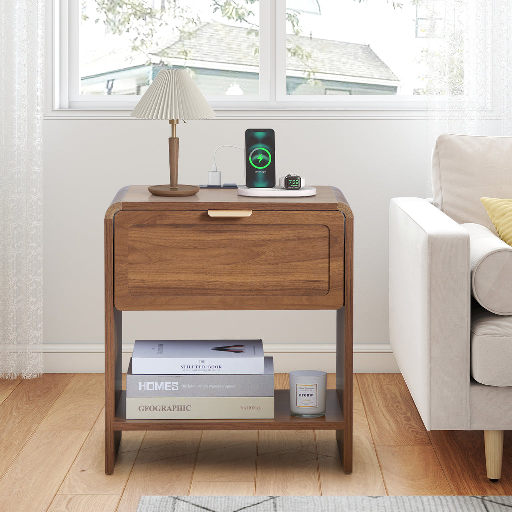 Wirrytor Farmhouse Natural Oak Fluted Nightstands, Mid-Century Chic End Table with Drawer and Open Shelf Storage, Curved Edge Bedside Table for Bedroom Living Room