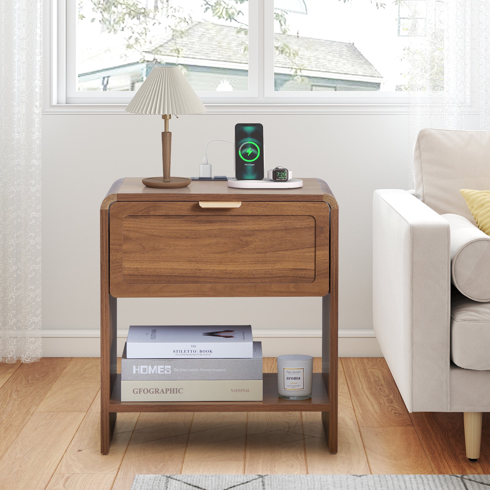 Wirrytor Farmhouse Natural Oak Fluted Nightstands, Mid-Century Chic End Table with Drawer and Open Shelf Storage, Curved Edge Bedside Table for Bedroom Living Room