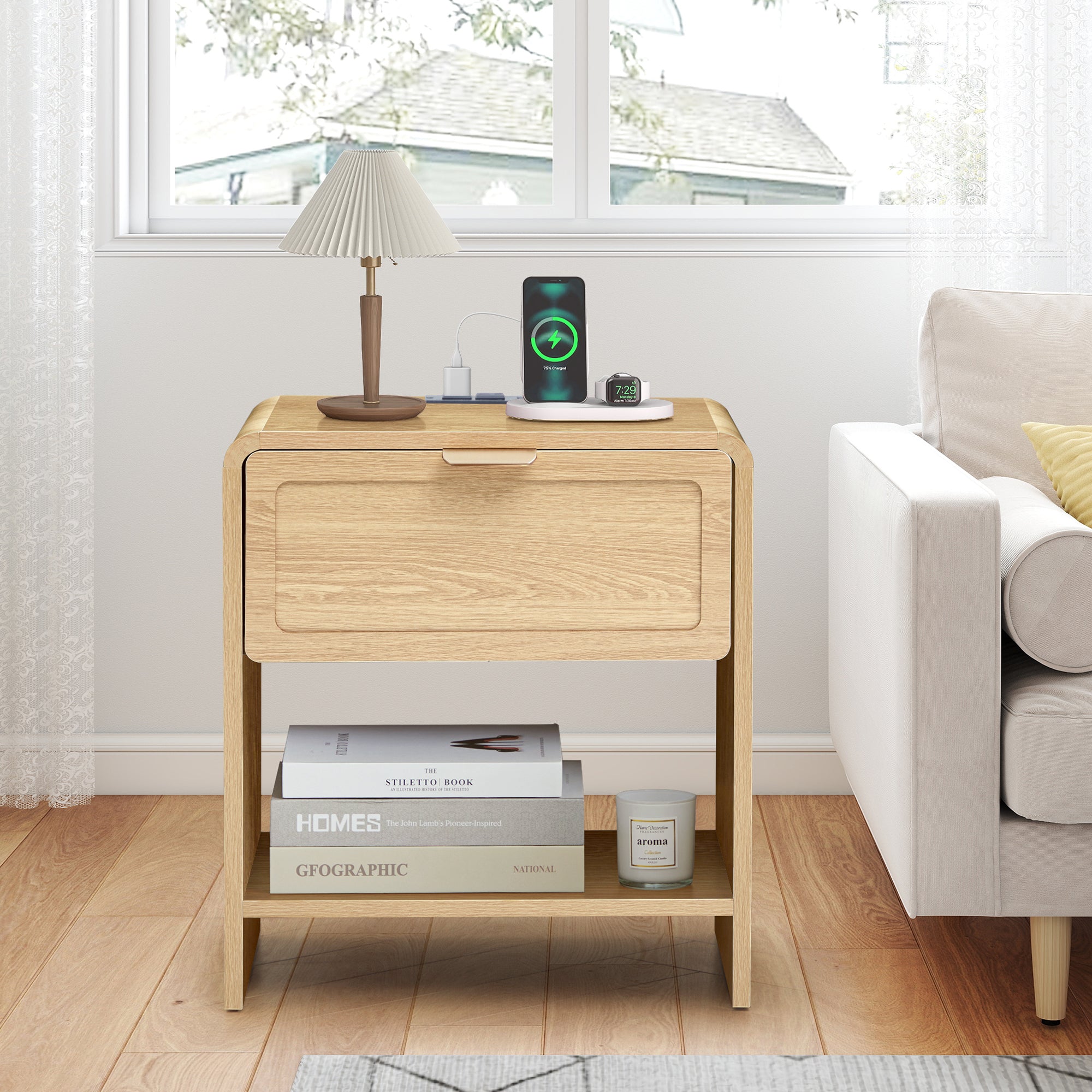 Wirrytor Farmhouse Natural Oak Fluted Nightstands, Mid-Century Chic End Table with Drawer and Open Shelf Storage, Curved Edge Bedside Table for Bedroom Living Room